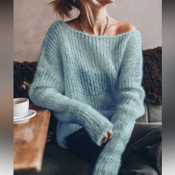 Baby Blue Loose Fit Lightweight Long Sleeve Mohair Sweater - Picture 4 of 8